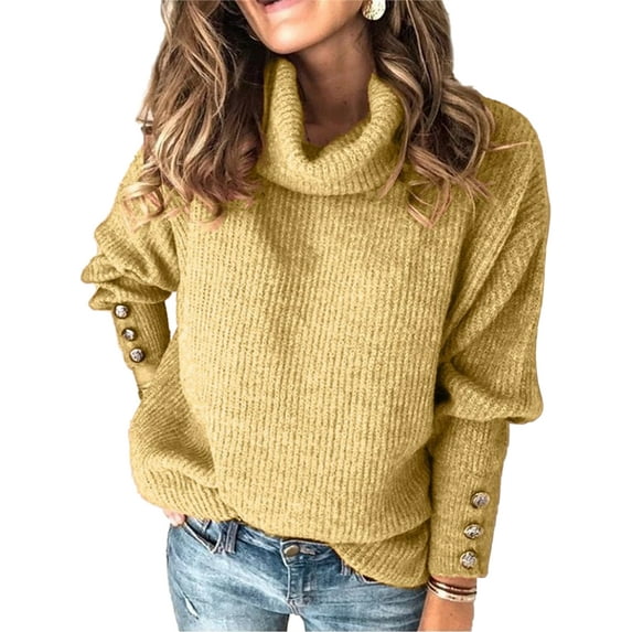 Womens Turtleneck Stretchy Knit Sweater Fall Winter Casual Loose Long Sleeve Knitted PulloverJumper Knitwear Tops