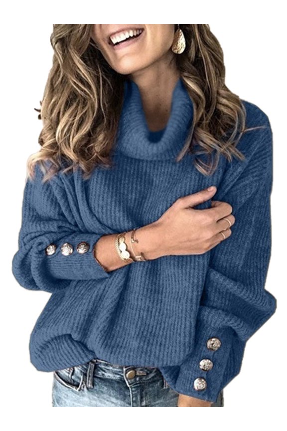 Womens Turtleneck Stretchy Knit Sweater Fall Winter Casual Loose Long Sleeve Knitted PulloverJumper Knitwear Tops