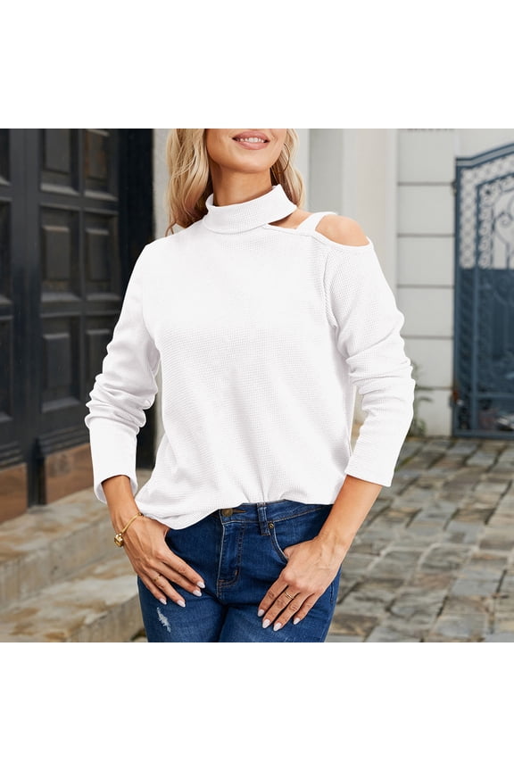 Womens Turtleneck Sweater Sexy One Shoulder Tops Casual Knit Long Sleeve Shirts Cut Out Pullover Going Out Blouses White XXL