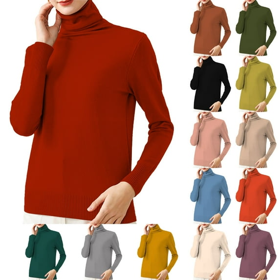 Womens Turtleneck Sweater Winter Pile Lined Slim Fit Thermal Knit Top Elastic Hem