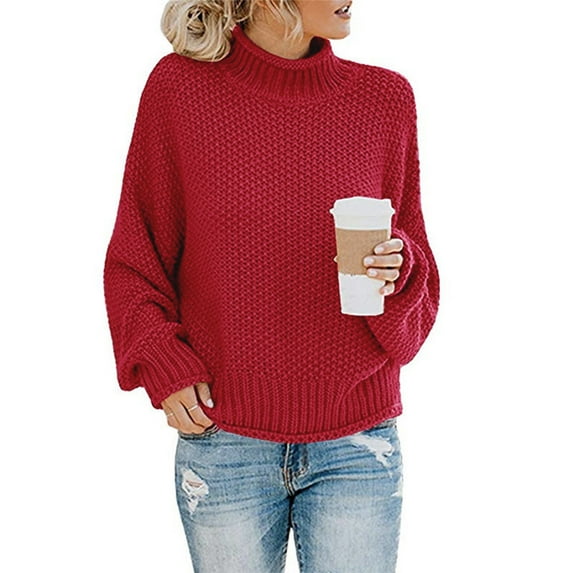 Womens Turtleneck Sweaters Casual Solid Color Loose Long Sleeve Pullover Knit Jumper Sweaters Tops Wine L