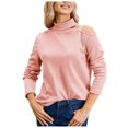 thumbnail image 1 of Womens Turtleneck Sweaters Sexy Cold Shoulder Knitted Tops Long Sleeve Solid Color Slim Fit Ribbed Knit Shirt (Pink L), 1 of 4