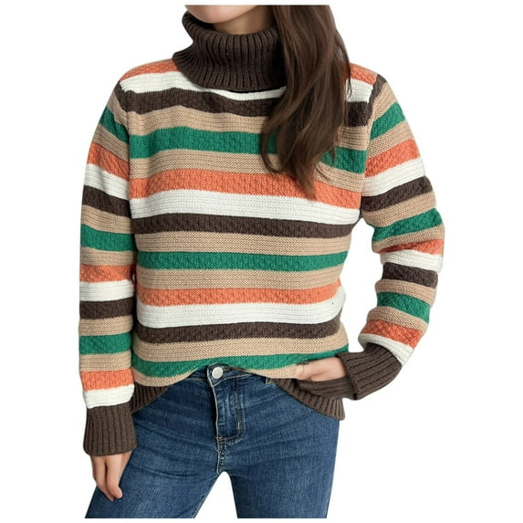 Womens Turtleneck Sweaters Colorblock Long Sleeve Tunic Pullover Knit Tops Warm Fall Winter Shirts