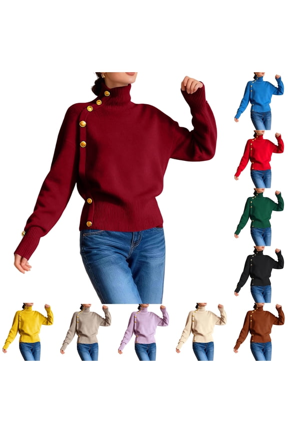 Womens Turtleneck Sweaters, Fall 2026 Long Sleeve Button Pullover, Ribbed Knit Loose Fit Dressy Casual Top 2026 Royal Blue M