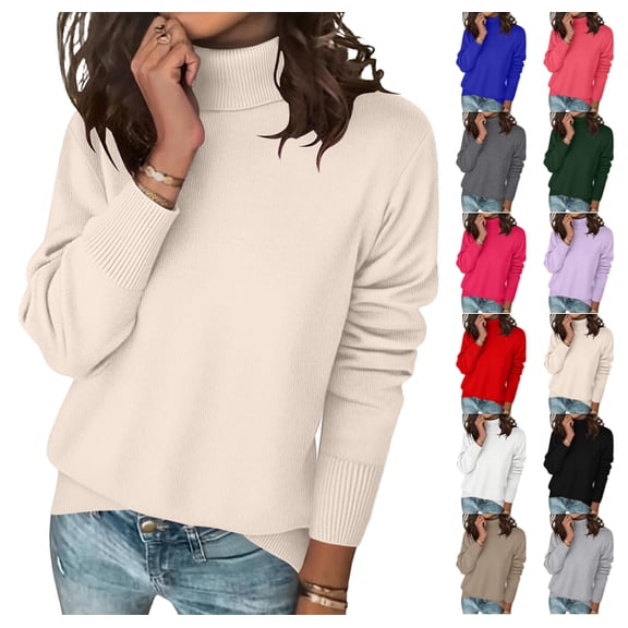 Womens Turtleneck Sweaters Long Sleeve Casual Soft Knit Loose Fit Basic Fall Pullover Sweater Tops Beige XL