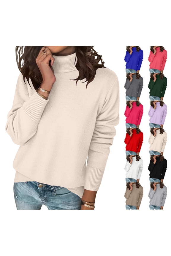 Womens Turtleneck Sweaters Long Sleeve Casual Soft Knit Loose Fit Basic Fall Pullover Sweater Tops Beige XL