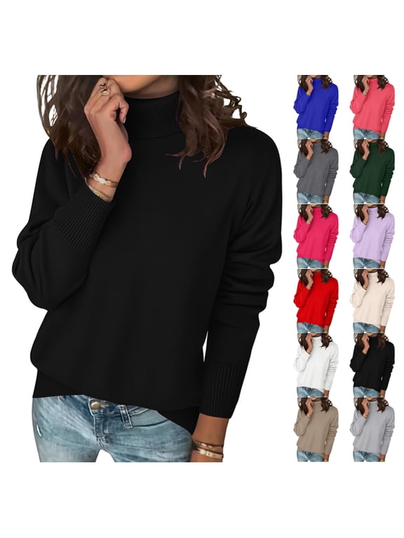 Womens Turtleneck Sweaters Long Sleeve Casual Soft Knit Loose Fit Basic Fall Pullover Sweater Tops Black L