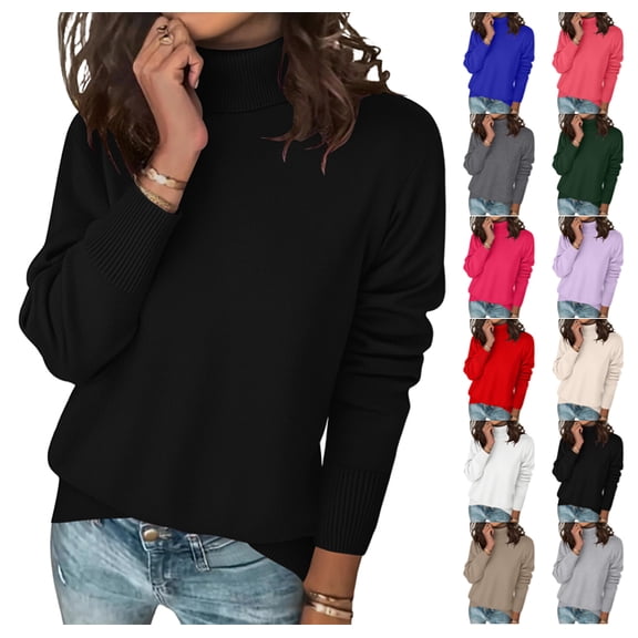 Womens Turtleneck Sweaters Long Sleeve Casual Soft Knit Loose Fit Basic Fall Pullover Sweater Tops Black S