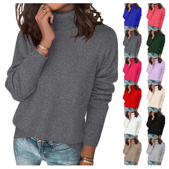 Womens Turtleneck Sweaters Long Sleeve Casual Soft Knit Loose Fit Basic Fall Pullover Sweater Tops Dark Gray M