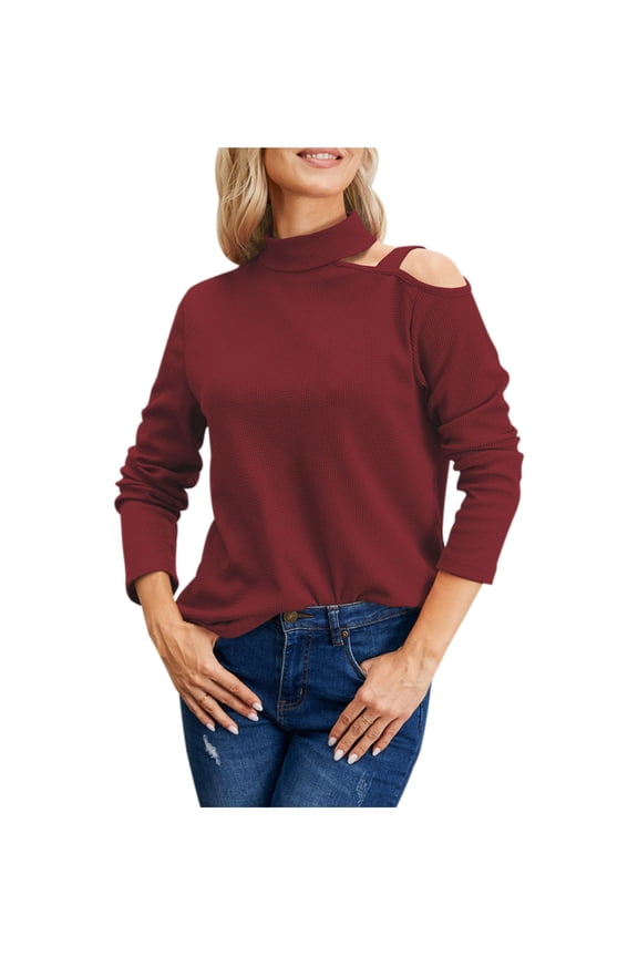 Womens Turtleneck Sweaters Sexy Cold Shoulder Knitted Tops Long Sleeve Solid Color Slim Fit Ribbed Knit Shirt (Red 3XL)