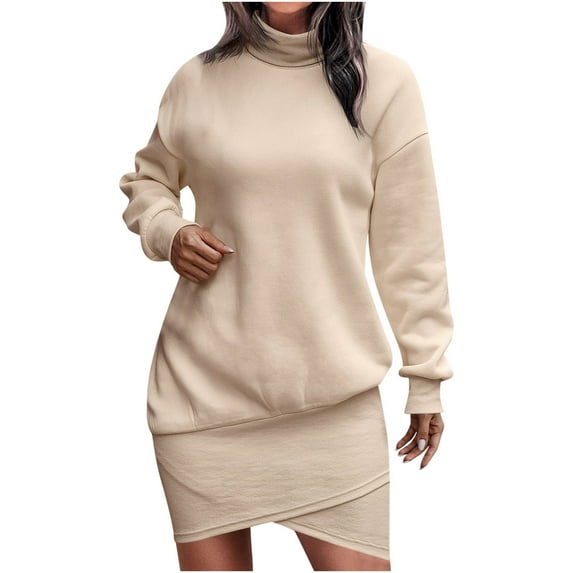 Womens Turtleneck Sweatshirt Mini Dress Long Sleeve Wrap Irregular Hem Casual Loose Fall Winter Pullover Short Dresses