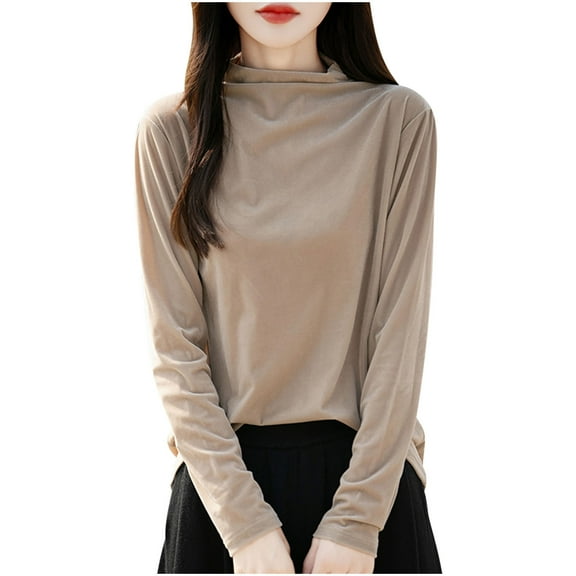 Womens Turtleneck Tops Loose Fit Long Sleeve Casual Sweater Fashion Fall Solid Color Pullover Knitted Shirt (Khaki L)