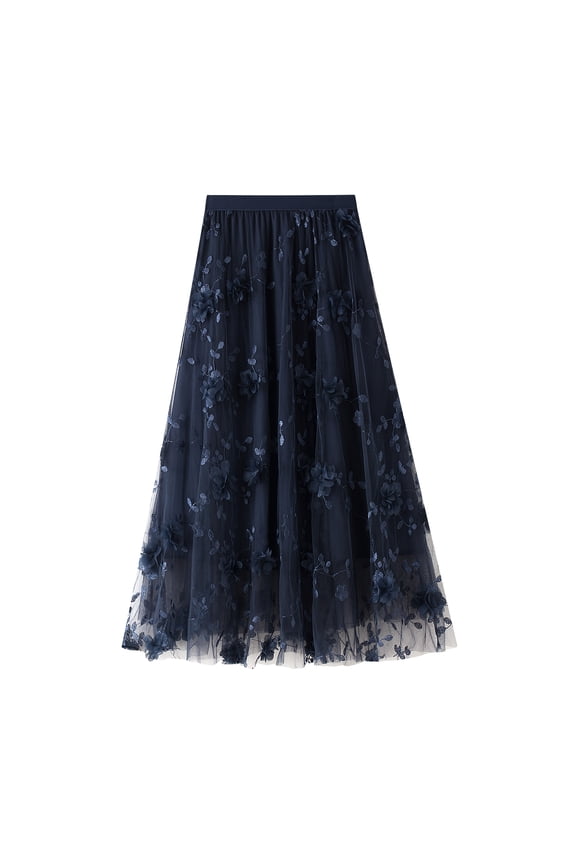 Womens Tutu Tulle Skirt Elastic High Waist Layered Midi Skirt Floral Lace Embroidery Mesh A-Line Skirt