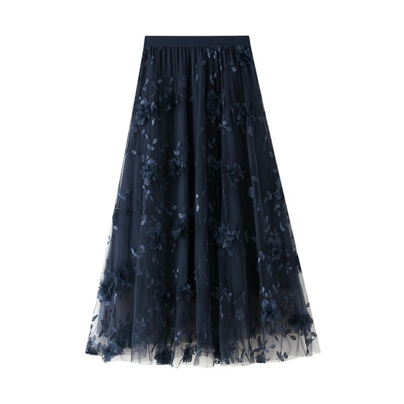 Womens Tutu Tulle Skirt Elastic High Waist Layered Midi Skirt Floral Lace Embroidery Mesh A-Line Skirt