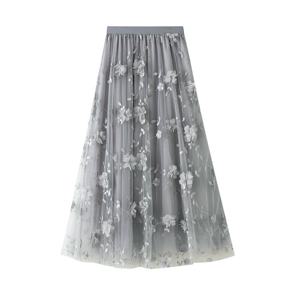Womens Tutu Tulle Skirt Elastic High Waist Layered Midi Skirt Floral Lace Embroidery Mesh A-Line Skirt
