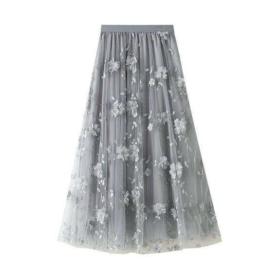 Womens Tutu Tulle Skirt Elastic High Waist Layered Midi Skirt Floral Lace Embroidery Mesh A-Line Skirt