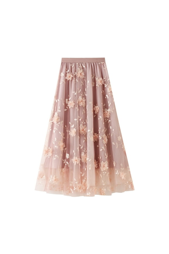Womens Tutu Tulle Skirt Elastic High Waist Layered Midi Skirt Floral Lace Embroidery Mesh A-Line Skirt