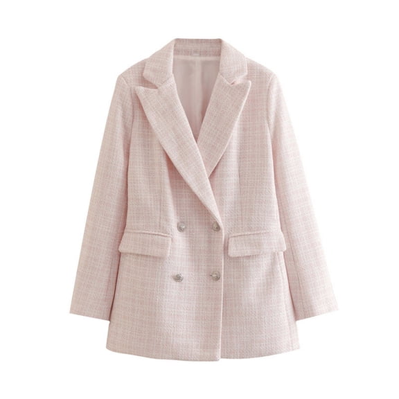 Womens Tweed Blazer Vintage Double Lapel Neck Breasted Suit Jackets Dressy Casual Long Sleeve Open Front Work Suit