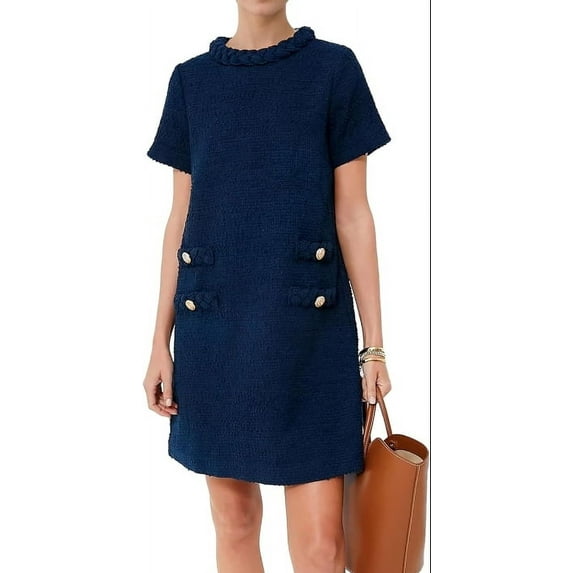 Womens Tweed Dress Elegant Crew Neck Short Sleeve Button Bodycon Mini Dress