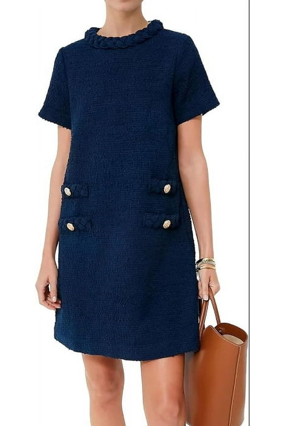Womens Tweed Dress Elegant Crew Neck Short Sleeve Button Bodycon Mini Dress