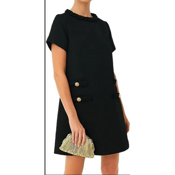 Womens Tweed Dress Elegant Crew Neck Short Sleeve Button Bodycon Mini Dress
