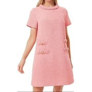 ZANKLEY Womens Tweed Dress Elegant Crew Neck Short Sleeve Button Bodycon Mini Dress