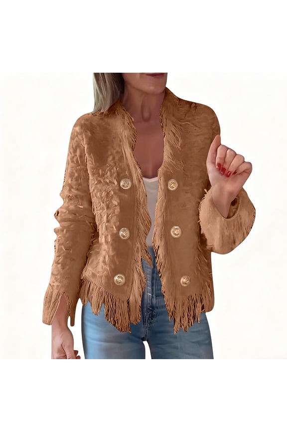 Womens Tweed Jackets Dressy Tassel Fringed Jacket Open Front Button Down Jacket Casual Faux Fur Office Coat Winter