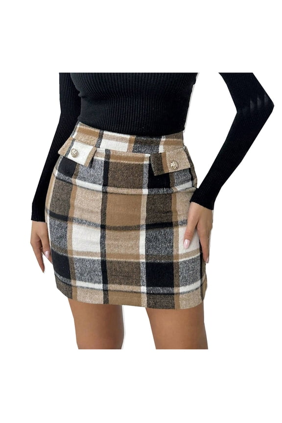 Womens Tweed Wool Mini Skirts Fall Winter High Waist Bodycon Pencil Plaid Skirt Fake Pockets Khaki, XXL