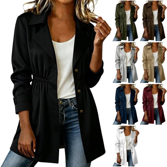 Womens Twill Button Down Trench Coat Lapel Collar Elastic Waist Jacket Long Sleeve with Pockets Windproof Windbreaker for Business Casual, Black, S