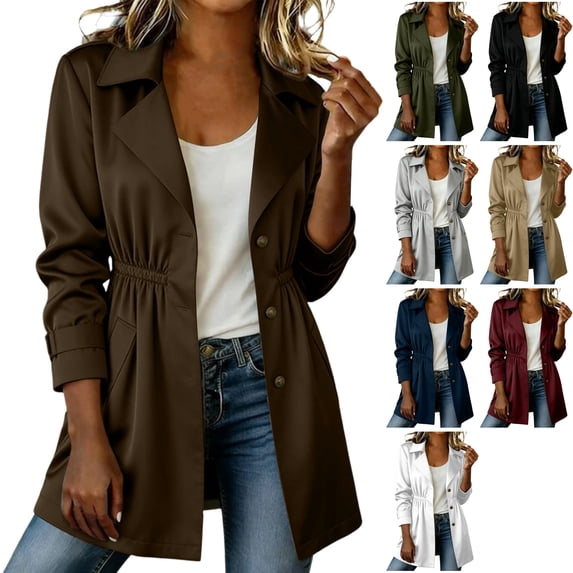 Womens Twill Button Down Trench Coat Lapel Collar Elastic Waist Jacket Long Sleeve with Pockets Windproof Windbreaker for Business Casual, Brown, XL