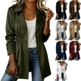 thumbnail image 1 of Womens Twill Button Down Trench Coat Lapel Collar Elastic Waist Jacket Long Sleeve with Pockets Windproof Windbreaker for Business Casual, Army Green, S, 1 of 9
