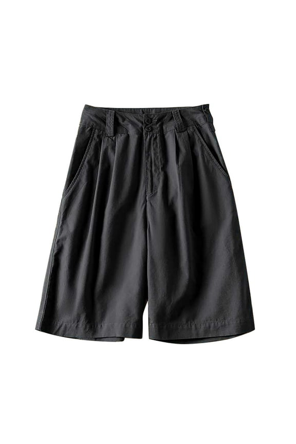 Womens Twill Cotton Bermuda Shorts Casual Summer Loose Elastic High Waist Wide Leg Work Cargo Shorts with Pockets (M, Black)