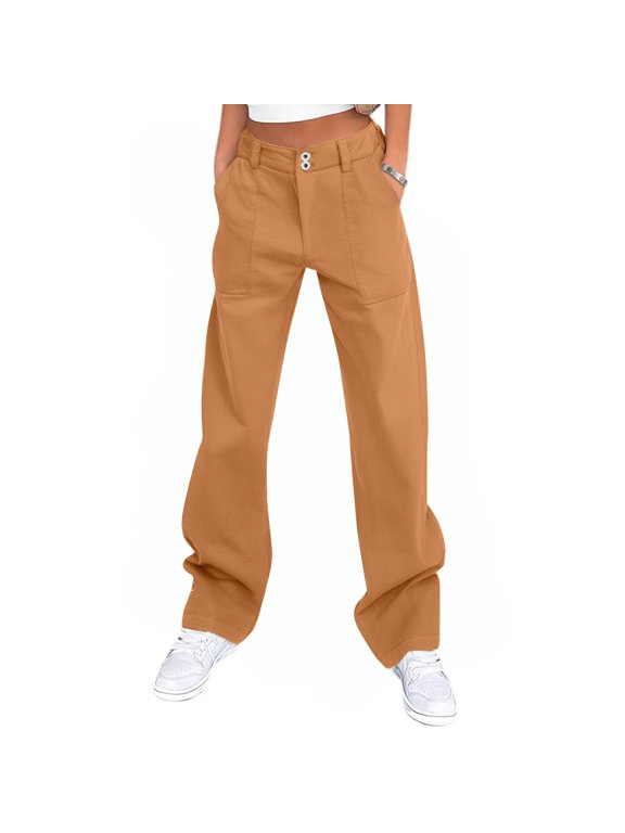 Womens Twill Pants Dressy Casual High Waisted Chino Pants Button Down Bootcut Straight Leg Work Trousers with Pockets Business Casual Chino Pant for Women Fall Fashion Laides Office Clothes