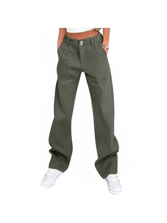 Womens Twill Pants Dressy Casual High Waisted Chino Pants Button Down Bootcut Straight Leg Work Trousers with Pockets Business Casual Chino Pant for Women Fall Fashion Laides Office Clothes