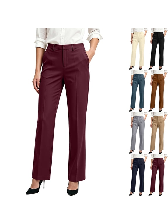Womens Twill Suit Work Pants High Waisted Dressy Trousers Flat Front Tailored Fit Straight Leg Slacks for Office Business Teachers with Pockets, Wine, XL