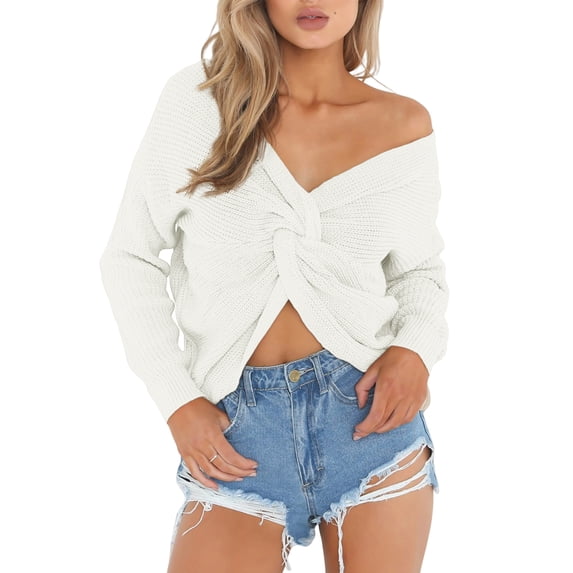 Womens Twist Front V‑Neck Off‑Shoulder Cropped Pullover Sweater Long Sleeve Casual Fall Tops