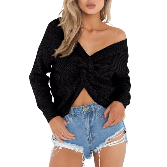 Womens Twist Front V‑Neck Off‑Shoulder Cropped Pullover Sweater Long Sleeve Casual Fall Tops