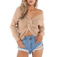 thumbnail image 1 of Womens Twist Front V‑Neck Off‑Shoulder Cropped Pullover Sweater Long Sleeve Casual Fall Tops, 1 of 4