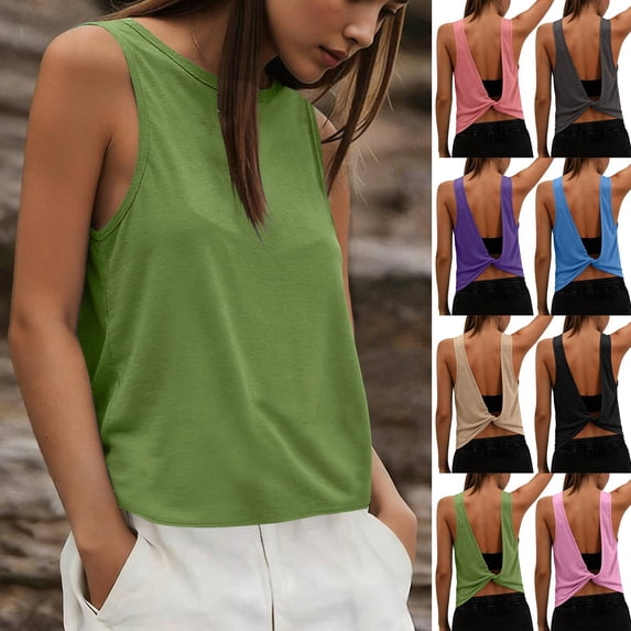 Womens Twist Open Back Workout Tank Top Sleeveless Athletic T Shirt Loose Backless Gym Top 2026 Summer Green M