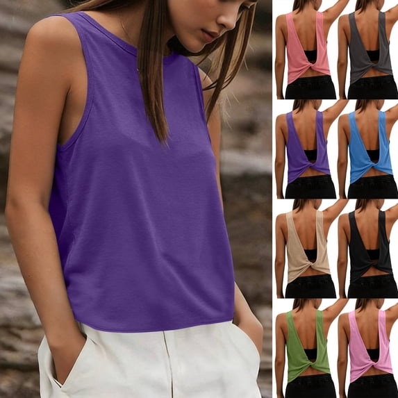 Womens Twist Open Back Workout Tank Top Sleeveless Athletic T Shirt Loose Backless Gym Top 2026 Summer Purple L