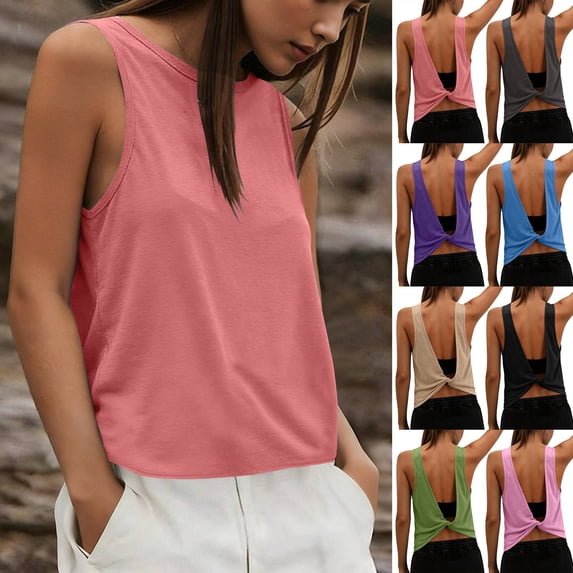 Womens Twist Open Back Workout Tank Top Sleeveless Athletic T Shirt Loose Backless Gym Top 2026 Summer Watermelon Red XL