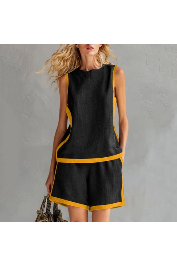 Womens Two Piece Color Block Outfit Set Sleeveless Tank Tops High Waist Shorts Summer Beach Streetwear Black M