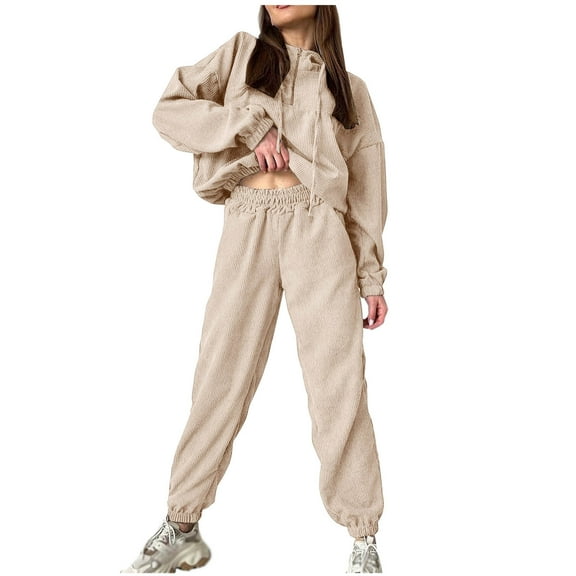 Womens Two Piece Corduroy Sweatsuit Set Fall Winter Oversize Workout Sport Gym Vacation Travel Casual Comfortable 1/4 Zipper Pullover Long Sleeve Hoodies Jogging Suits Lounge Outfits