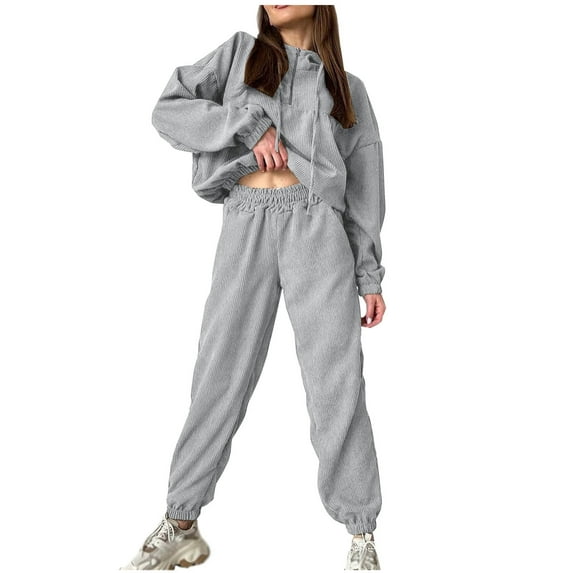 Womens Two Piece Corduroy Sweatsuit Set Fall Winter Oversize Workout Sport Gym Vacation Travel Casual Comfortable 1/4 Zipper Pullover Long Sleeve Hoodies Jogging Suits Lounge Outfits
