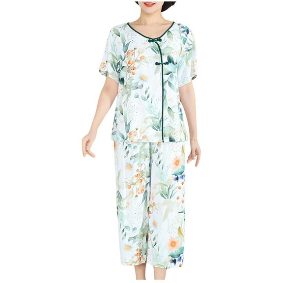 Womens Two Piece Fashion Lounge Set Old Women Vintage Short Sleeve Tops Pants Sets Comfort Pajamas Sleepwear Light Blue, 2XL