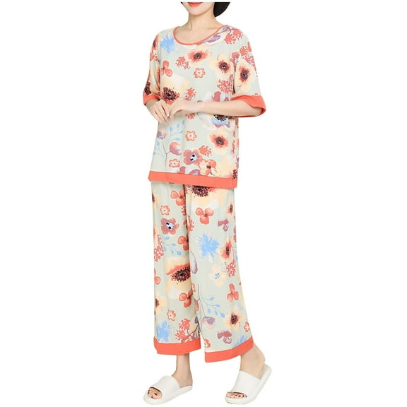 Womens Two Piece Fashion Lounge Set Old Women Vintage Short Sleeve Tops Pants Sets Comfort Pajamas Sleepwear Orange, 3XL