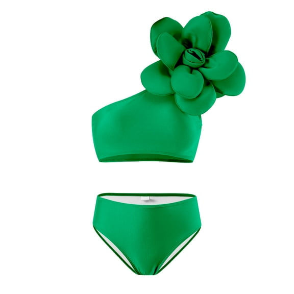 Womens Two Piece High Waisted Swimsuit Summer Beach Swim Bathing Suit Solid Color One Shoulder Fashion Bikinis Sets (Green M)