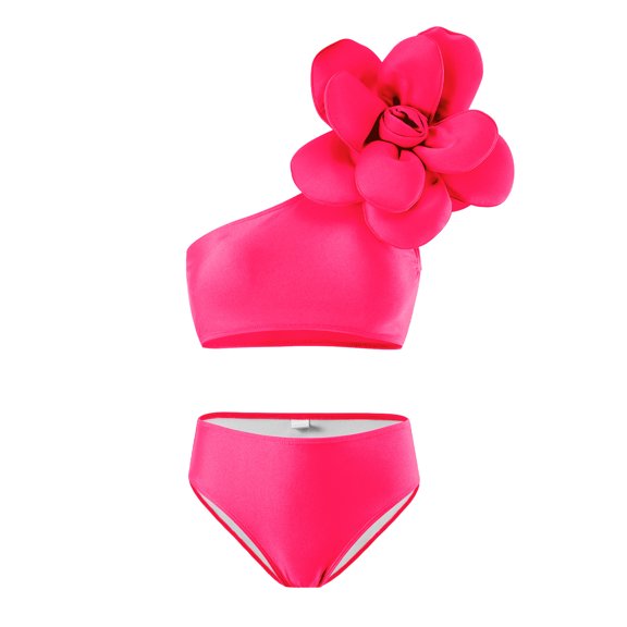 Womens Two Piece High Waisted Swimsuit Summer Beach Swim Bathing Suit Solid Color One Shoulder Fashion Bikinis Sets (Pink L)