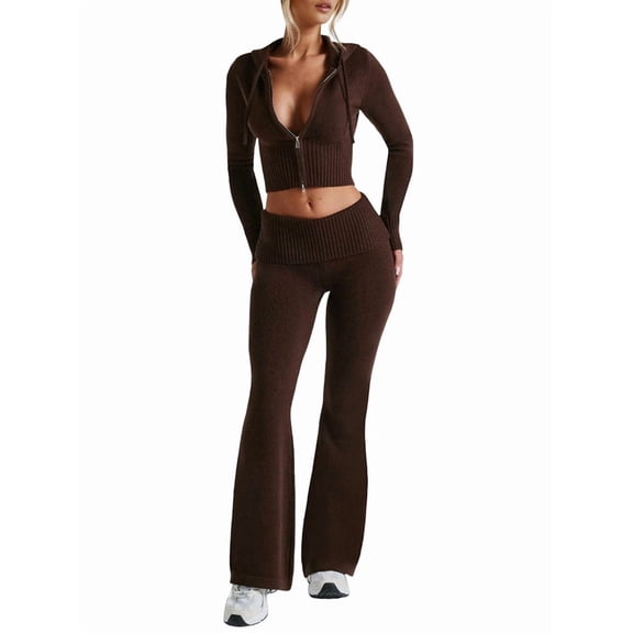Womens Two Piece Knit Outfits Sweater Set Long Sleeve Zip Up Cropped Hoodie Top and Bootcut Pants Set Coffee Color M