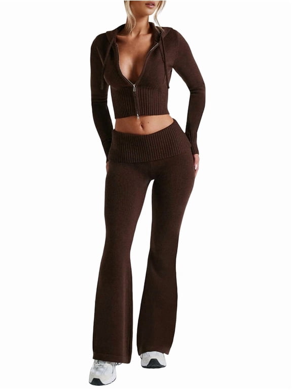 Womens Two Piece Knit Outfits Sweater Set Long Sleeve Zip Up Cropped Hoodie Top and Bootcut Pants Set Coffee Color M